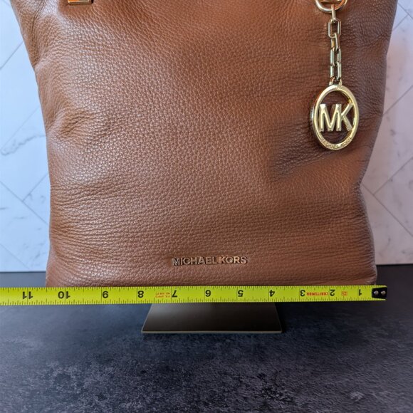 Michael Kors Brown Pebbled Leather Tote with Gold MK Charm - Picture 15 of 16